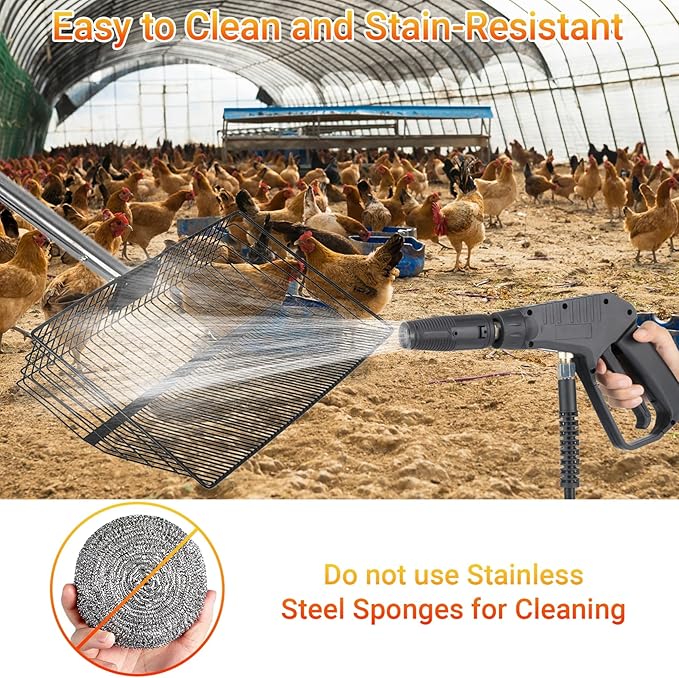 OZRVYNDAREL15 Heavy Duty Chicken Poop Scooper - All Metal Adjustable Handle (39" to 77"), Stainless Steel Sifting Shovel for Coop Cleaning, Small Mesh Design for Fine Waste, Includes Non-Slip Gloves-Mewly Pet
