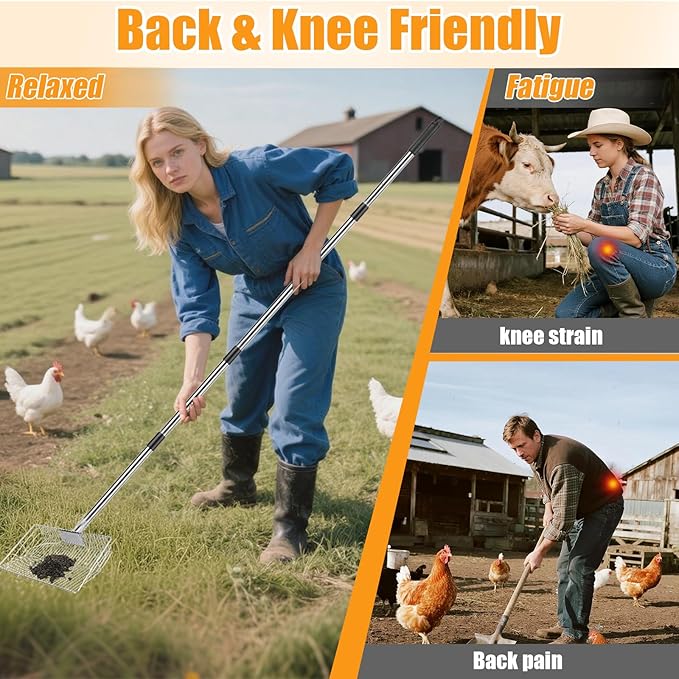 Chicken Poop Scooper with Stainless Steel Handle,24" to 68" Adjustable Length Chicken Coop Litter Scoop,4 in 1 Multifunctional Heavy Duty Litter Sifting Shovel Chicken Coop Accessories-Mewly Pet