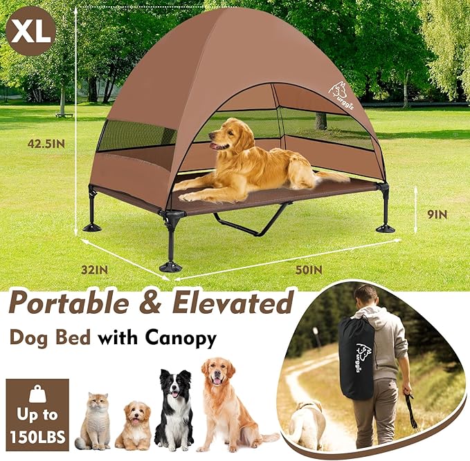 Upgraded Elevated Dog Bed with Canopy, Portable Raised Outdoor Dog Bed with Stable Anti-Slip Feet, Wider Shade Pet Bed Cot, Raised Dog Beds for Large Dogs Camping, Indoor & Outdoor Use-Mewly Pet