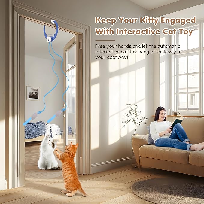 Interactive Cat Toys Rechargeable, Feather Toy for Indoor Cat, Hanging Retractable Teaser Toy, Automatic Kitten Play Chase Exercise Toys with Three Plush Mouse, USB Powered (Blue)-Mewly Pet