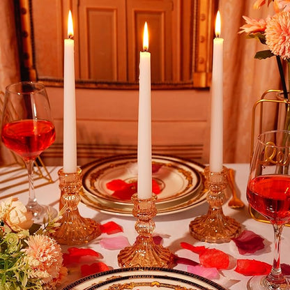Suclain 24 Pcs Glass Taper Candle Holder Sets 12 Candlestick Holder with 12 White Long Candles for Wedding Party Decor Dinner Decoration(Amber)