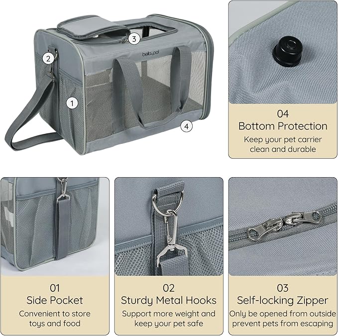 BELLA & PAL Cat Carrier Travel Bag, Airline Approved Lightweight Cat Carrier, Soft Sided Pet Carrier for Puppy Dogs Up to 18lbs, Collapsible Kitten Bag with Removable Waterproof Mat, Ventilated Mesh-Mewly Pet
