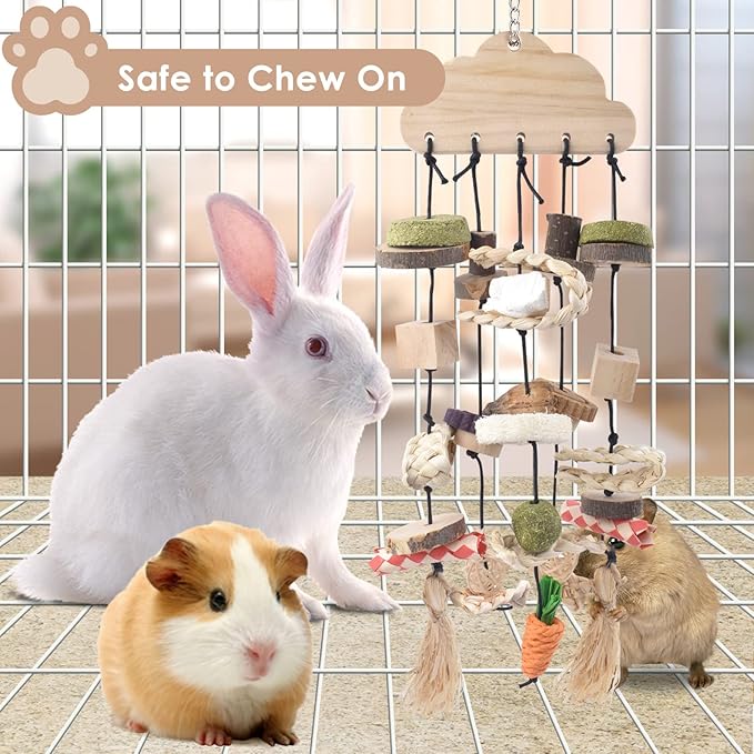 Bissap Rabbit Chew Toy, Bunny Cage Hanging Chew Toys and Treats Wooden with Snacks for Guinea Pigs Chinchillas Hamsters Rats and Other Small Pets Teeth Grinding-Mewly Pet