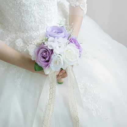Wedding Bouquets for Bride Bridesmaid, Artificial Lilac Bride Flower Bouquet for Wedding Church Decoration Ceremony, Anniversary, etc, Roses Flowers