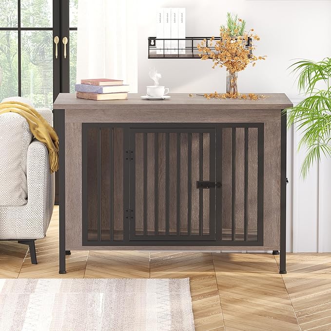 EasyCom 39.96" XL Wooden Large Dog Crate Furniture for Medium and Large Breed, Chew-Resistant Dog Kennel Furniture Indoor with 2 Doors and 3.94" Raised Feet, as TV Stand, End Table, Crate Table-Mewly Pet