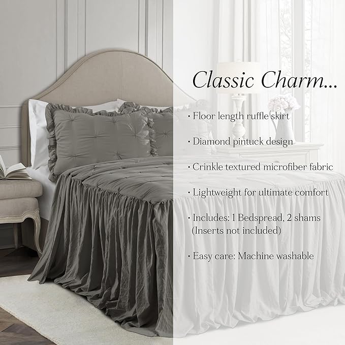 Lush Decor Ravello Pintuck Ruffle Skirt Bedspread Set - Luxe 3 Piece Ruffled Bedding Set - Traditional Glam & Farmhouse Inspired Bedroom Decor - King, Dark Gray
