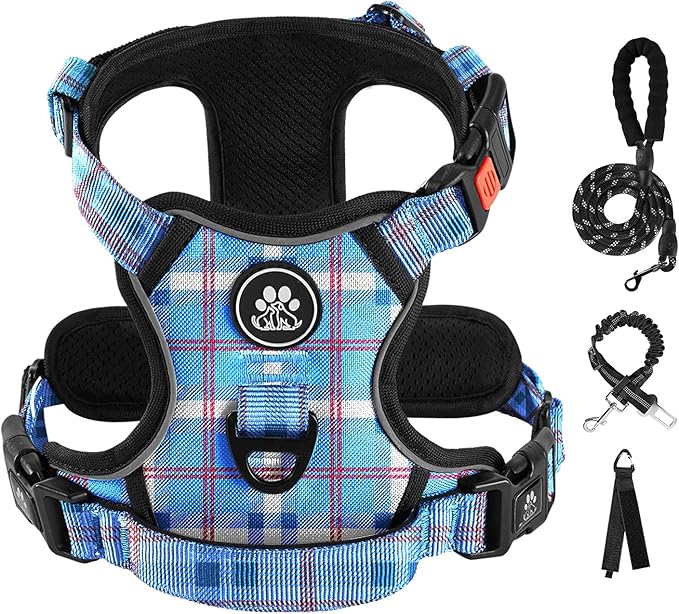 IVY&LANE No Pull Dog Harness with Leash Set, Reflective No Choke Pet Vest,Adjustable Oxford Dog Vest Harness with Easy Control Handle for Small Dogs (Checkered Blue,S)-Mewly Pet