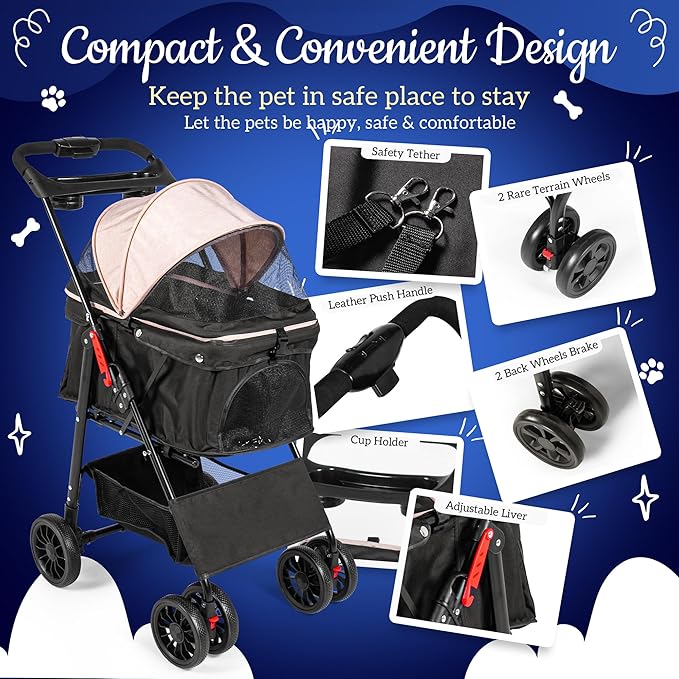 Pet Stroller with 4 Rolling Casters for Pets – Lightweight Multifunctional Travel Stroller with Mesh Windows, Cup Holder, Sun Shades & Storage Pocket for Puppy and Kitty-Mewly Pet