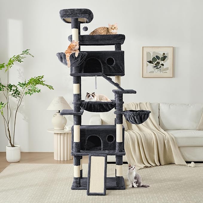 Cat Tree, 80-Inch Large Cat Tower with 9 Scratching Posts, 2 Perches, 2 Caves, 2 Basket, 2 Stairs, Extra Large Hammock, Pompoms, Multi-Level Plush Cat Condo for Indoor Cats/Smoky Grey-Mewly Pet