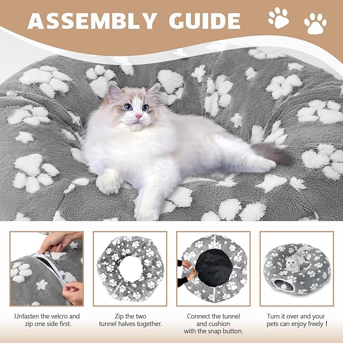 Cat Tunnel for Indoor Cats, Cute Peekaboo Cave with Dangling Balls, Pet Donut Tunnel Bed with Circle Mat for Puppy Kitten Rabbit, Grey-Mewly Pet
