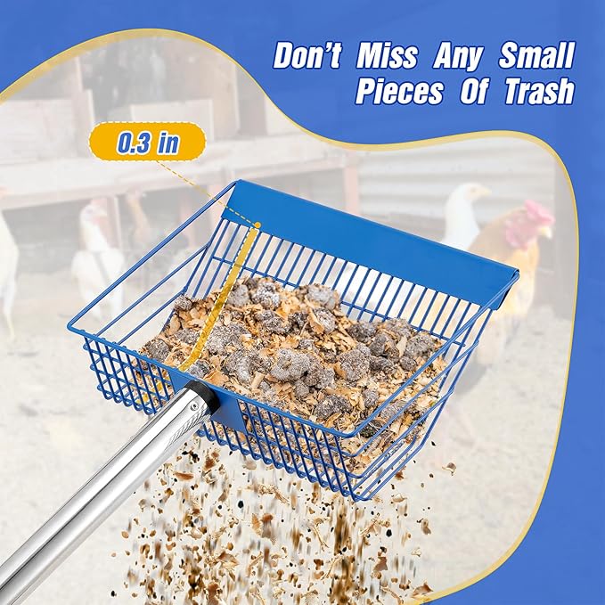Large Chicken Poop Scooper, Heavy Duty Chicken Coop Scoop for Sand, 35" to 64" Adjustable Stainless Steel Handle, Multifunctional Sifting Shovel for Chicken Coop/Goat Stall/Stable Cleaning-Mewly Pet