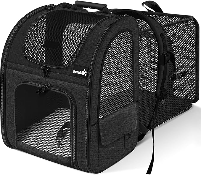 Pecute Pet Carrier Backpack, Large Cat Carrier Backpack, Expandable Cat Backpack with Breathable Mesh for Medium Large Cats, and Small Dogs, Dog Backpack Carrier for Travel Hiking Black-Mewly Pet