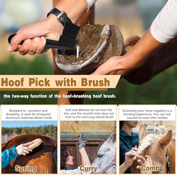 Abbylike 12 Pieces Horse Grooming Kit Racing Festival Tack Room Supplies Horse Brush Sets Equine Care Cleaning Kit Shedding Grooming Massaging Tools(Black)-Mewly Pet