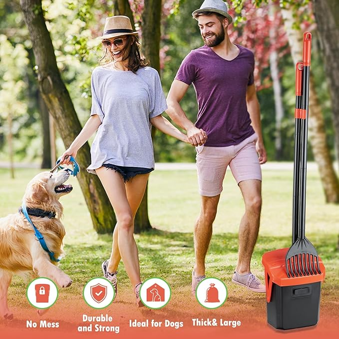 TIMINGILA 36" Pooper Scooper Swivel Bin & Rake with 100 Dog Poop Bags,Adjustable Long Handle for No-Bend Cleanup,Portable Non-Breakable Dog Poop Scooper for Large Medium Small Dogs-Mewly Pet