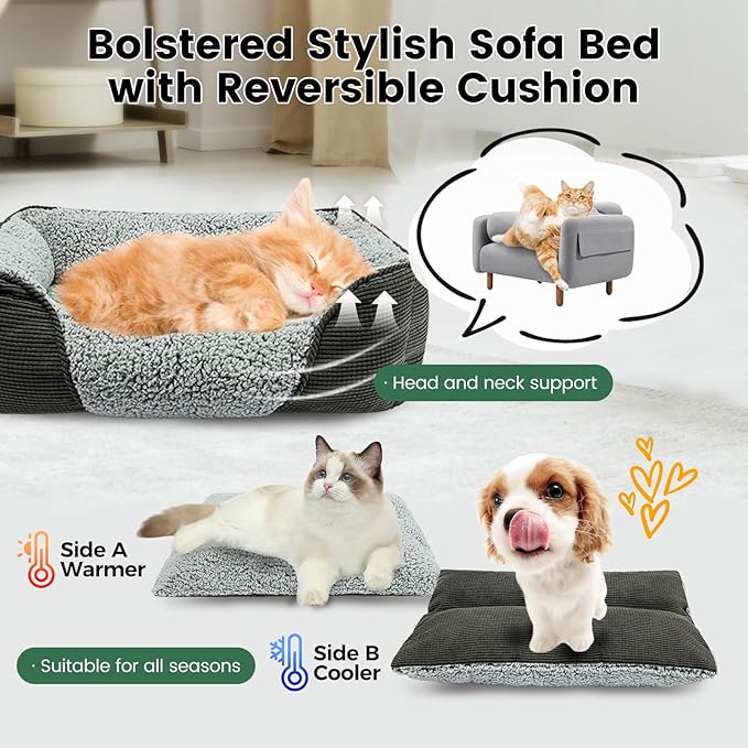 Miguel Washable Dog Bed with Removable Cushion for Medium Small Dogs, Easy to Wash Pet Sofa Bed with Side, Rectangle Bolster Cat Bed Calming Cuddle Puppy Bed with Anti-Slip Bottom, Gray 25 Inch-Mewly Pet