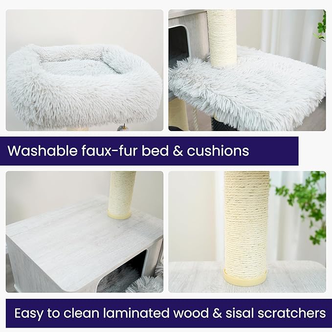 Catry Kasio 6 Level 54" High Modern Cat Tree with Laminated Wood Condo,Replaceable Scratching Posts,Removeable Washable Beds, Self Grooming Brush and Toys.(Light Gray)-Mewly Pet