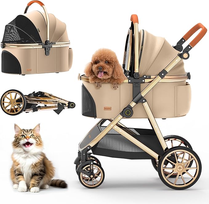 Kenyone Luxury Pet Stroller 3 in 1 with Electroplated Gold Mirror Finish for Medium Small Size Dogs and Cats, High-End Detachable Carrier for Puppy, Kitty, Doggie(C910L Khaki)-Mewly Pet