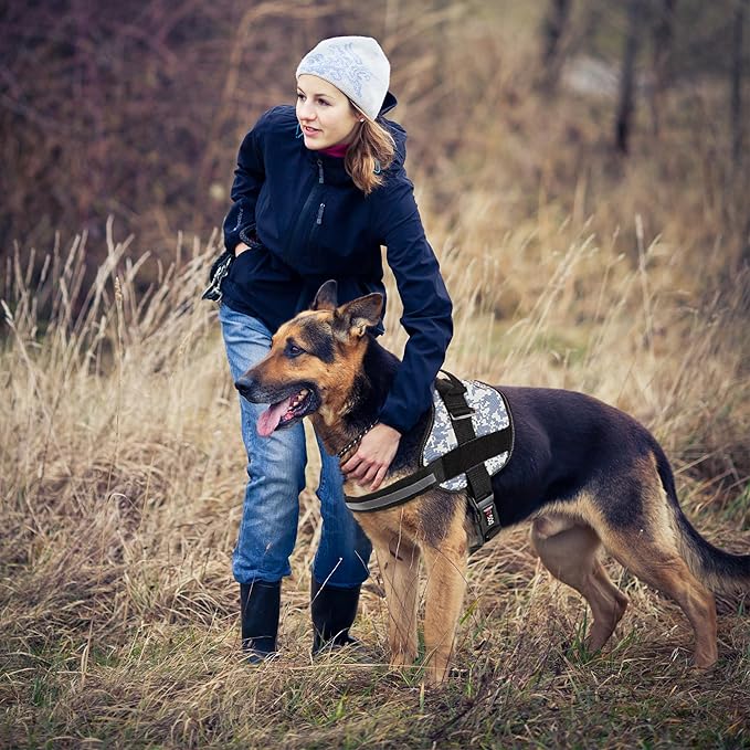 Dogline Dog Harness, Reflective No-Pull Adjustable Vest with Handle for Walking, Training, Breathable, No - Choke Harness for Small, Medium or Large Dogs Room for Patches Girth 22"-28" in Urban Camo-Mewly Pet