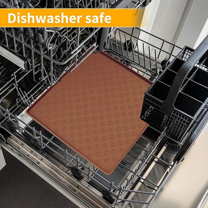 Ptlom Pet Placemat for Dog and Cat, Waterproof Silicone Pet Feeding Bowl Mats for Food and Water, Small Medium Large Dogs Mat Prevent Residues from Spilling to Floor, Brown, 11.8"x11.8"-Mewly Pet