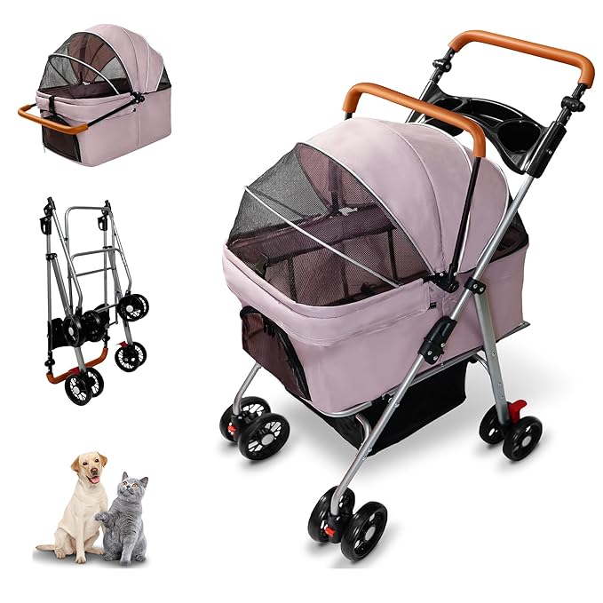 Pet Stroller with Storage Basket and Cup Holder, Folding Dog Jogger, Foldable Cat Stroller, 3 in 1 Puppy Kitten Cart, Pet Jogger for Medium Dog Cat (Pink)-Mewly Pet