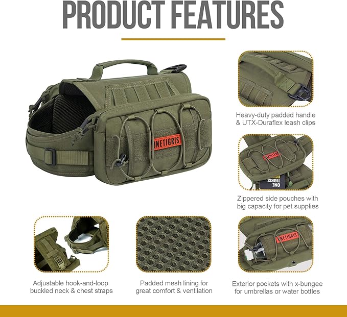 OneTigris Dog Backpack for Hiking Nylon Dog Harness Backpack with Side Pockets for Large Dog with 17"-23.5" Neck Girth and 25"-31" Chest Girth (Green, Medium)-Mewly Pet