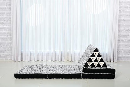 Leewadee Comfortable Japanese Floor Mattress - Thai Floor Bed with Triangle Cushion - Futon Mattress - XL Extra Long Thai Massage Mat, 89 x 20 inches, Black White, Kapok Filling