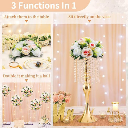 NUPTIO Pcs of 10 Fake Flower Ball Arrangement Bouquet,15 Heads Plastic Roses with Base, Suitable for Our Store's Wedding Centerpiece Flower Balls for Centerpieces Home Décor (Pink Champagne & White)