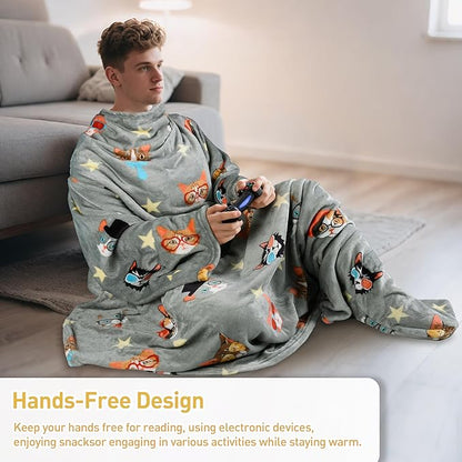 Catalonia Cat & Dog Print Wearable Blanket with Sleeves and Foot Pocket – Ultra-Soft Warm Fleece Long Throw Snuggly Blanket for Sleeping & TV Time – Cozy Christmas Gift for Women & Men
