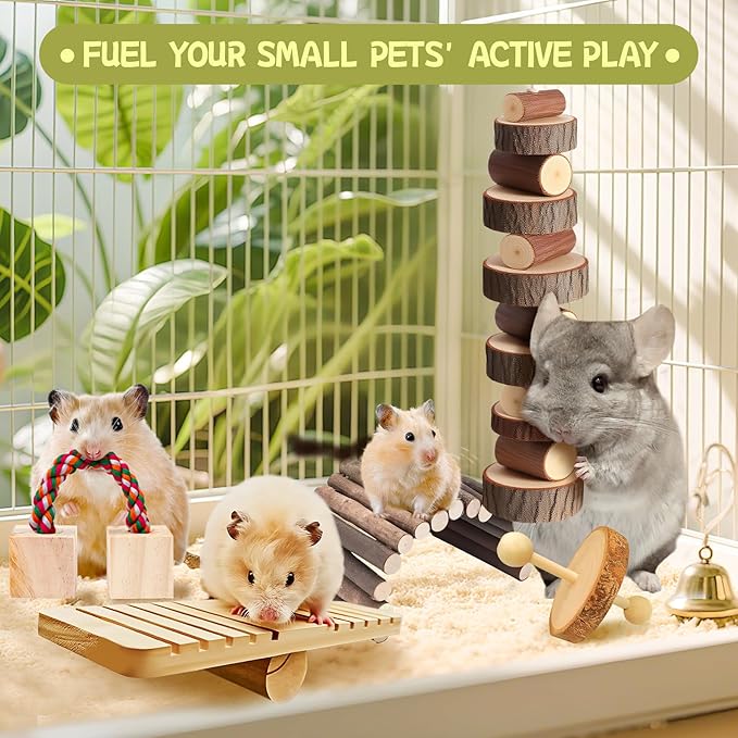 18 PCS Hamster Chew Toys Set, Natural Apple Wood Guinea Pig Toys, Hamster Cage Accessories Include Bridge, Seesaw, Carrot, Timothy Straw Stick Dental Care for Rat Gerbil Chinchilla Rabbits-Mewly Pet