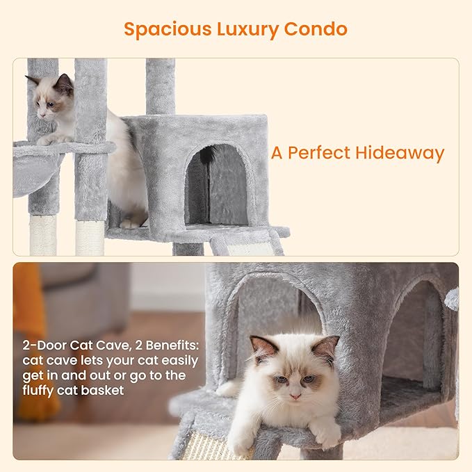 Heybly Cat Tree with Cat Self Groomer Brush, Cat Tower Condo for Indoor Cats with Padded Plush Perch, Cat House with Basket Scratching Board Post, Light Gray HCT005SW-Mewly Pet