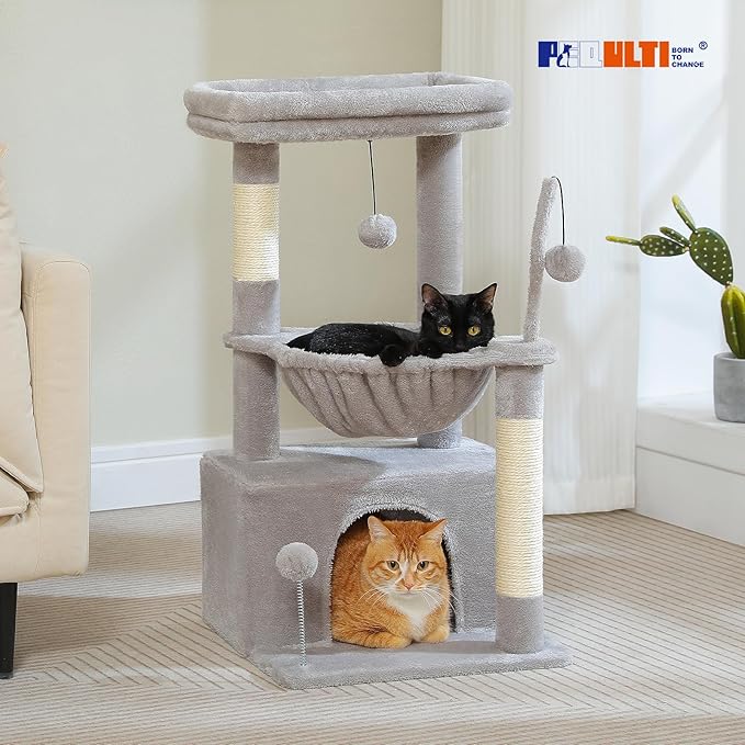 PEQULTI 4-in-1 Cat Tree, 33'' Cat Tower for Indoor Cats with Large Cat Condo, Scratching Post for Cats with Deep Hammock& Cozy Top Perch, Grey-Mewly Pet