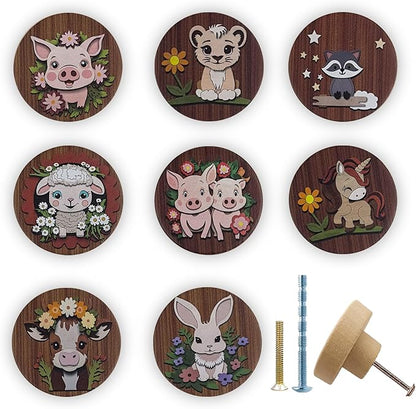 JamJam Set of 8 1.8" Wooden Unique Cabinet Knobs Pig Tiger with Flower Safari Animal Nursery Dresser Drawer Furniture Handle Knobs and Pulls