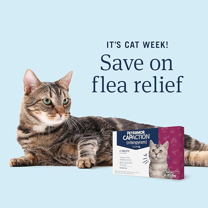 PetArmor CAPACTION (nitenpyram) Oral Flea Treatment for Cats, Fast Acting Tablets Start Killing Fleas in 30 Minutes, Cats 2-25 lbs, 6 Doses-Mewly Pet