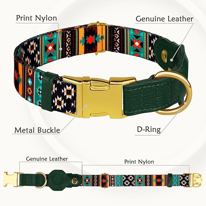 AirTag Dog Collar for Small Medium Large Breed - Adjustable Cute Pattern Dog Collar with Airtag Holder - Soft Leather Tracker GPS Apple Air Tag Pet Collars (Large, 17"-21" Neck Fit, Tribal)-Mewly Pet