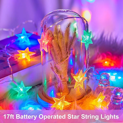 Minetom Star String Lights Battery Operated - 17 ft 50 LED Star Fairy String Lights with Timer, Waterproof for Indoor Bedroom Tent Loft Bed Patio Party Wedding Decor, Multi-Color
