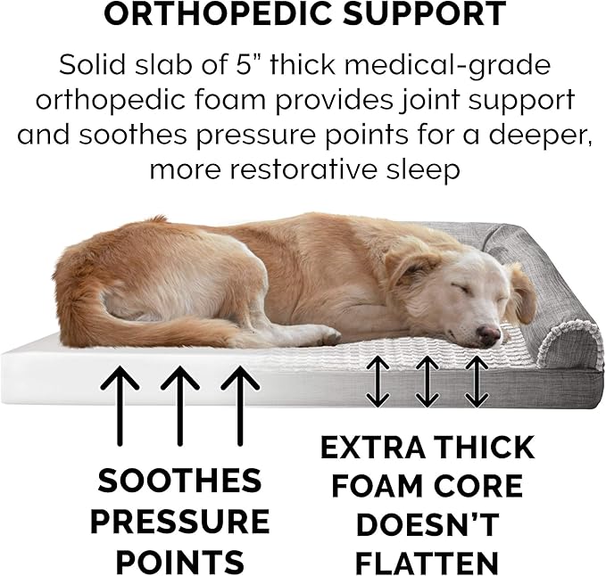 Furhaven Orthopedic Dog Bed for Large Dogs w/ Removable Bolsters & Washable Cover, For Dogs Up to 125 lbs - Luxe Faux Fur & Performance Linen Sofa - Charcoal, Jumbo Plus/XXL-Mewly Pet