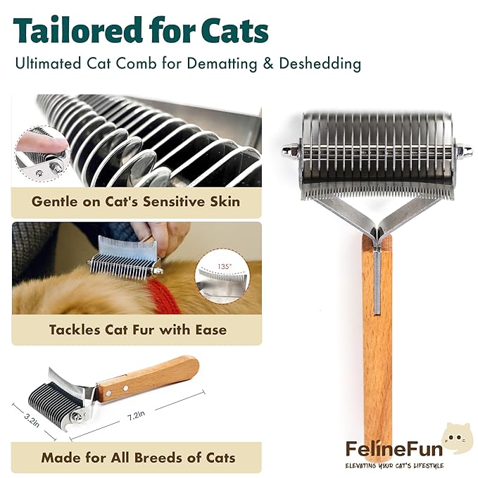 FelineFun Cat Brush for Dematting & Deshedding, 2 in 1 Undercoat Rake, Efficiently Remove Loose Hair & Matted Fur, Professional Shedding Comb for Indoor Cats & Long Haired Cats-Mewly Pet