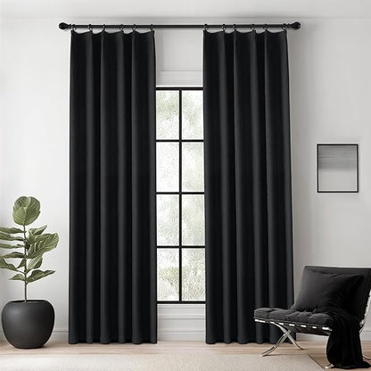 KangBang Extra Wide Pinch Pleated Blackout Curtains 84 Inch Length 2 Panels Set, Thermal Insulated Linen Curtains for Sliding Door Living Room, Modern Pleat Draperies with Hooks,60x84, Black