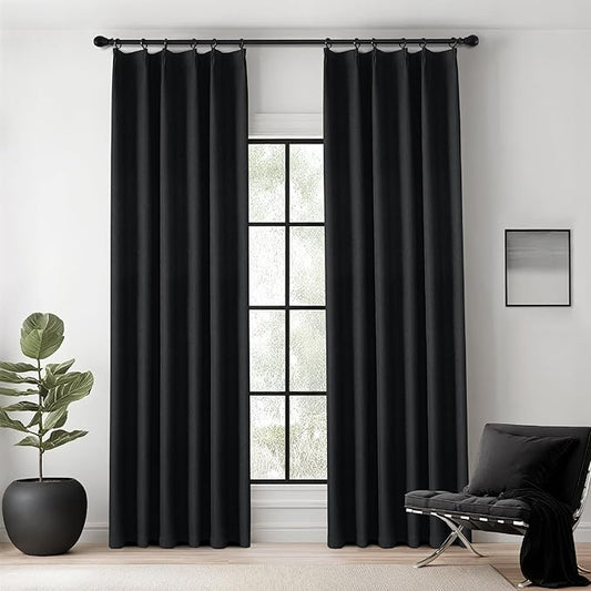 KangBang Black Pinch Pleated Curtains Blackout 84 Inch Length 2 Panels Set, Thermal Insulated Pleated Drapes with Hooks for Bedroom Living Room, Elegant Modern Window Panels, Black, 40Wx84L