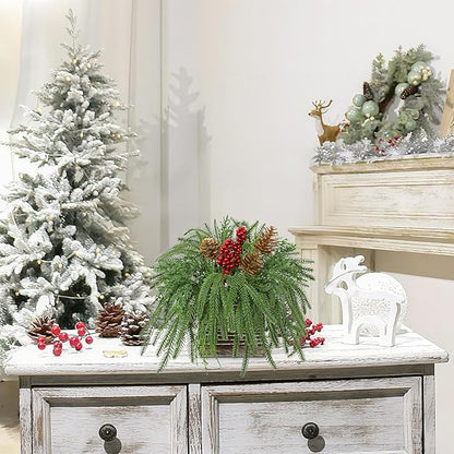 Artificial Christmas Norfolk Pine Arrangement with Red Berries and Pinecones 10 Inch Holiday Table Centerpiece in Rustic Wooden Box Faux Tabletop Arrangement for Home Mantel Xmas Dining Table Decor