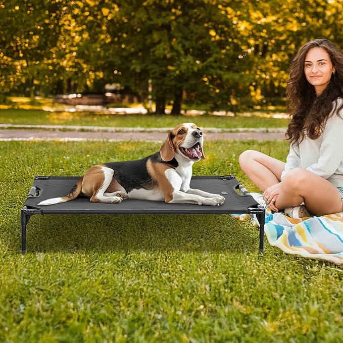 Petsfit Elevated Raised Outdoor Dog Bed - Cooling Elevated Dog Cot, Upgraded Adjustable Firmness Pet Bed，Pet Hammock Bed with Chew Proof Breathable Teslin Mesh，Non Slip, Black 42”-Mewly Pet