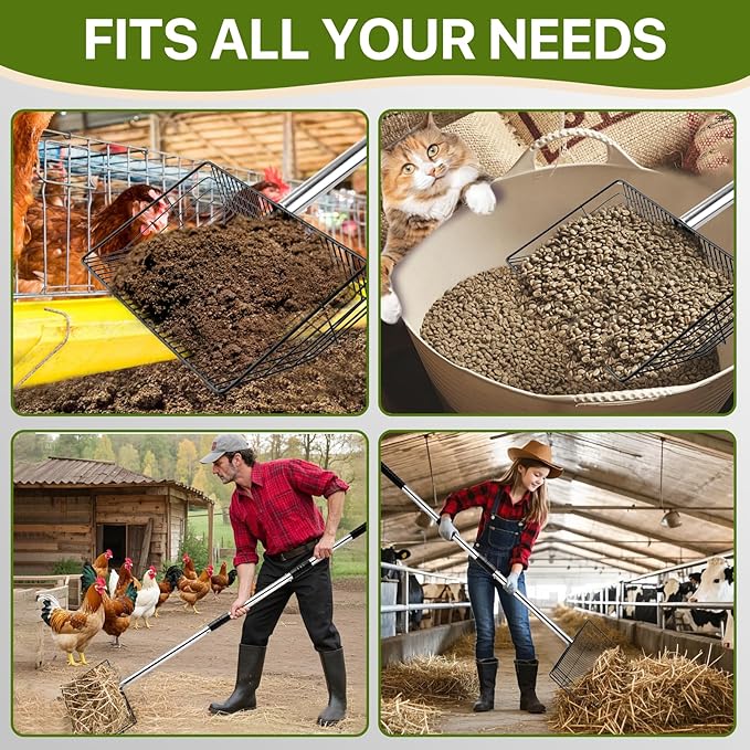 Chicken Poop Scooper with Long Handle- Coop Scoop with 24-68" Adjustable Stainless Handle, 4-in-1 Sifter Shovel for Poultry Waste Cleaning Accessories (Black)-Mewly Pet