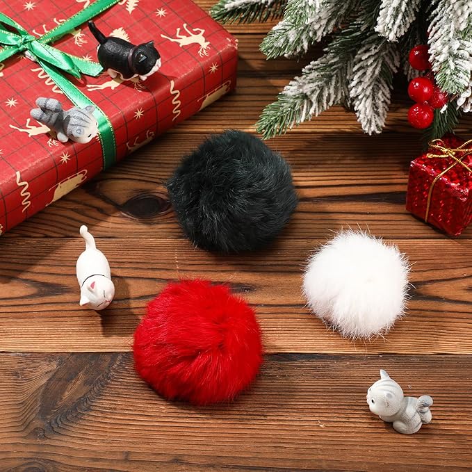 LEIFIDE 12 Pieces Real Rabbit Fur Pom Pom Kitty Cat Toy Fluffy Cat Balls Soft Fuzzy Balls for Kitty Pets Kitten Chase Quiet Play, 3 Inches in Diameter(Red,White,Green)-Mewly Pet