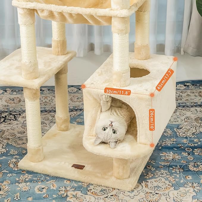 73 inches Large Cat Tree for Indoor Cats, Tall Cat Tower with Sisal Scratching Posts and Pads, Padded Plush Perch, Cozy Basket, Plush Condo for Large Cats (Beige)-Mewly Pet