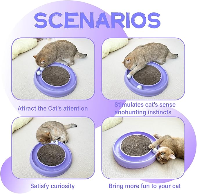 Interactive Cat Ball Track Toy for Indoor Cats, Cat Scratching Board & Exercise Set for Bored Indoor Adult and Kitten Mental & Physical Stimulation, with Spare Ball to Prevent Loss (Purple)-Mewly Pet