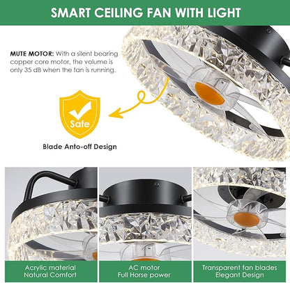 13" Ceiling Fans with Lights and Remote - Flush Mount Low Profile Ceiling Fans - Bladeless Enclosed Fans with Led Light and Stepless Dimming, Small Modern Fan for Bedroom