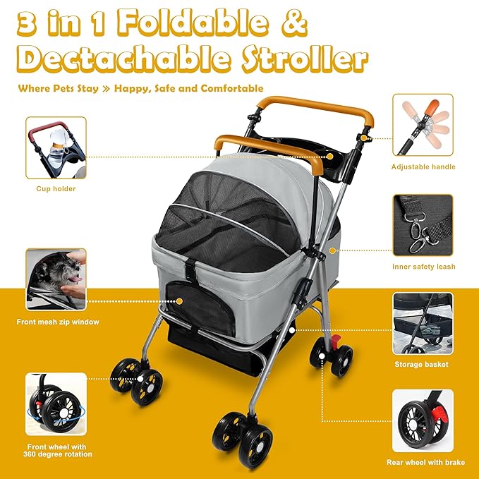 Pet Stroller with Storage Basket and Cup Holder, Folding Dog Jogger, Foldable Cat Stroller, 3 in 1 Puppy Kitten Cart, Pet Jogger for Medium Dog Cat (Gray)-Mewly Pet