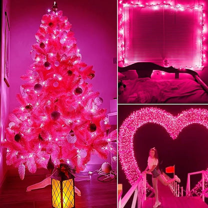 Christmas Pink Mini String Lights - 100 Count 25 Feet Detachable Incandescent Bulb Waterproof Fairy Lights Plug in for Indoor Outdoor Party Patio Xmas Tree Valentine's Day Decoration, White Wire