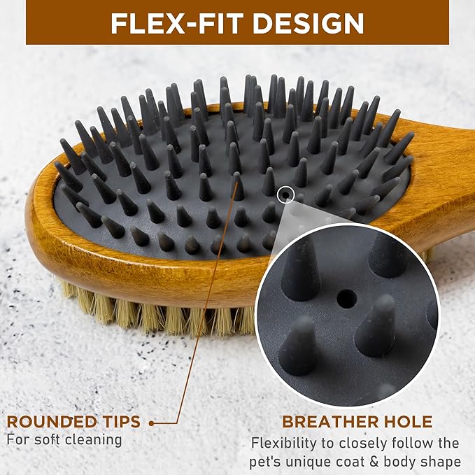 TAKAVU Short Hair Dog & Cat Deshedding Brush - Double Sided Grooming Tool with Silicone Massage & Bristle Sides - Removes Loose Fur & Dirt - Wood Handle-Mewly Pet