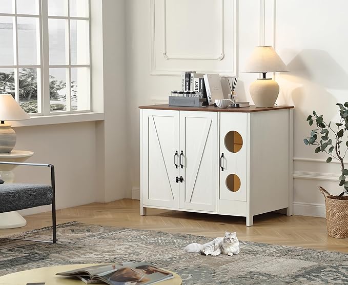 Cat Litter Robot Enclosure, Automatic Litter Box Enclosure for Litter Robot 3/4,Cat-Exclusive entrace for Dog Proof and Fun,Power Outlet for cat Litter Cabinet,Litter Collector,Antique White-Mewly Pet